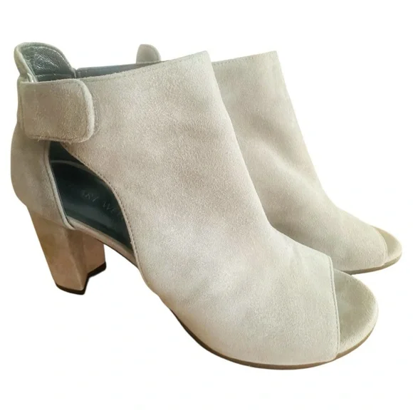 Stuart Weitzman Adjustable Taupe Gray Suede Open Toe Heeled Booties Size 8.5M - Picture 1 of 9